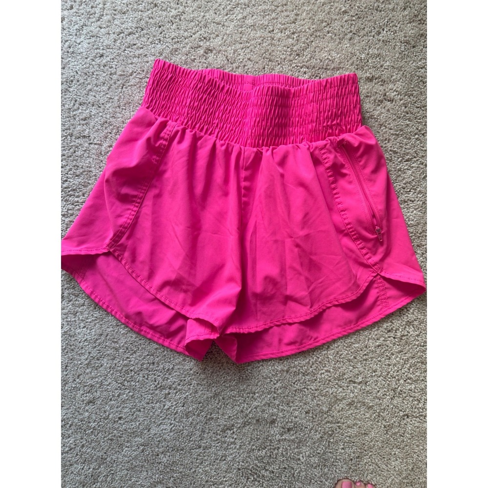Baleaf Womens Hot Pink Smocked High Waist Running Shorts Side Zip Pocket Size S